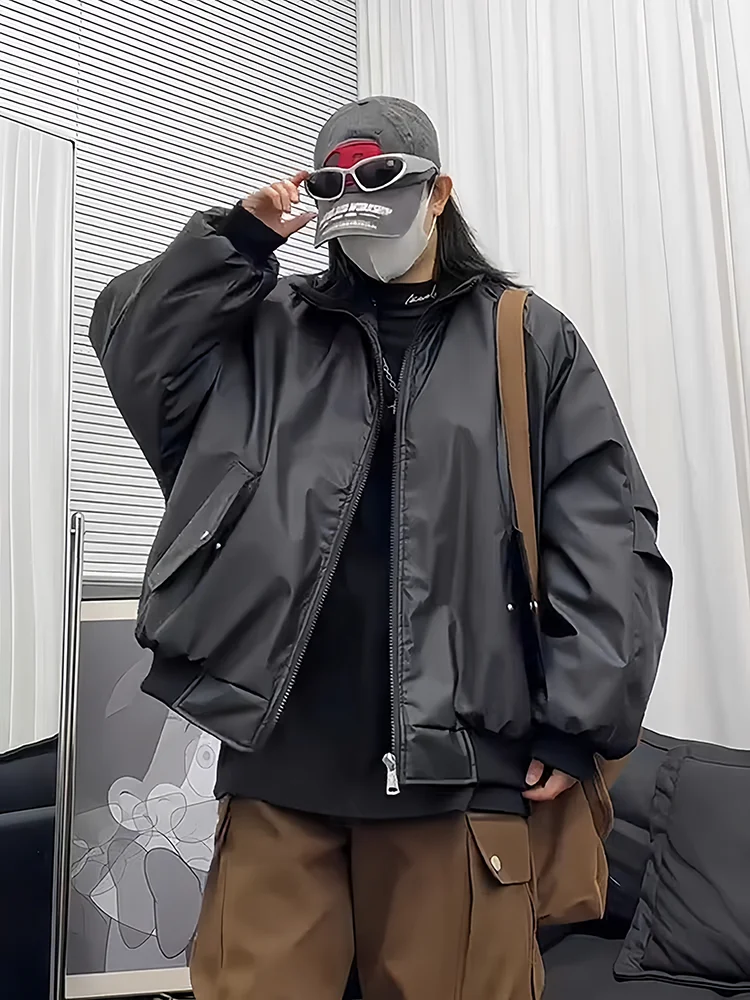 

Bla PU Leather Cut Sve Cotton Jaet Men's Winter Tee-Proof Stand Collar Interlined American Sle Baseball Coat