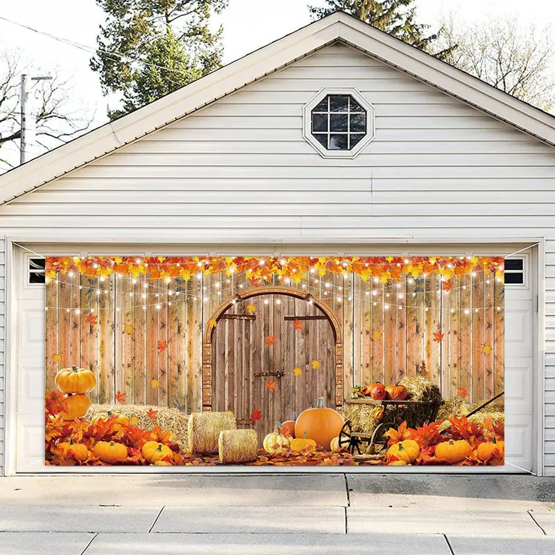 Thanksgiving Theme Background Courtyard Garage Door Decoration Large Banner Harvest Pumpkin Straw Maple Leaf Photography Props