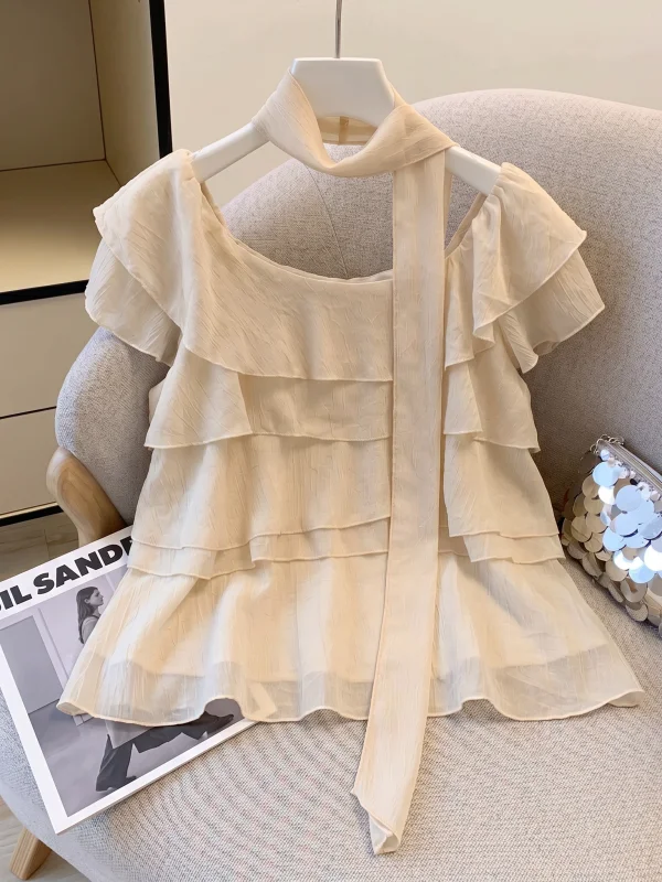 

Summer New plus Size Women's Chiffon Shirt Beautiful Lace Trim Blouse Korean Style Loose Fit Short Sleeve round Neck Top