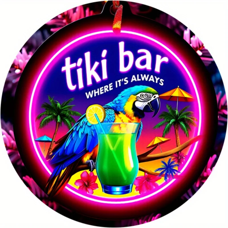 2D Flat, 1pc Tiki Bar Neon-like Metal Sign - Tropical Hawaiian Party Decor with Blue Parrot, Palm Trees & 