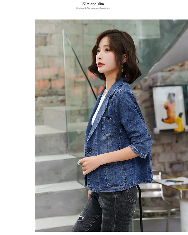 Korean Womens Denim Suit Jacket  Spring Autumn New Pocket Jeans Outwear Female Slim One Button Long Sleeve Denim Blazers Coat