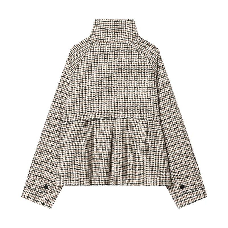 YENKYE Women's Vintage Houndstooth High Neck Cropped Jacket Long Sleeve Loose Casual Short Coat