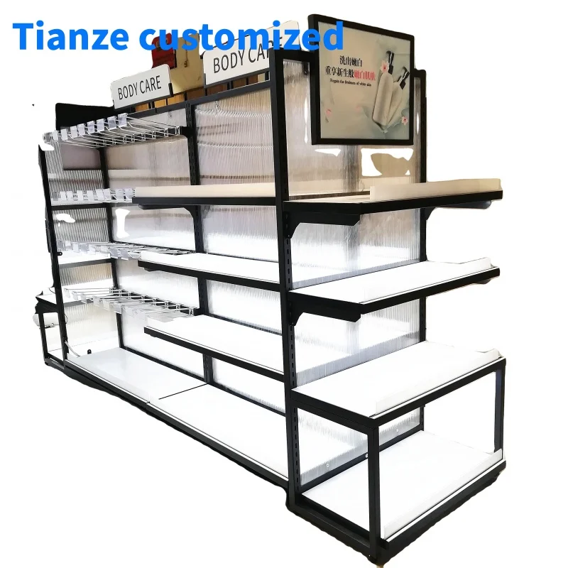 

(customized)Acrylic Back Panel Supermarket Shelf Gondola Cosmetic Shelves Display Stand Metallic Light Duty Metal Wood Shelf 50K