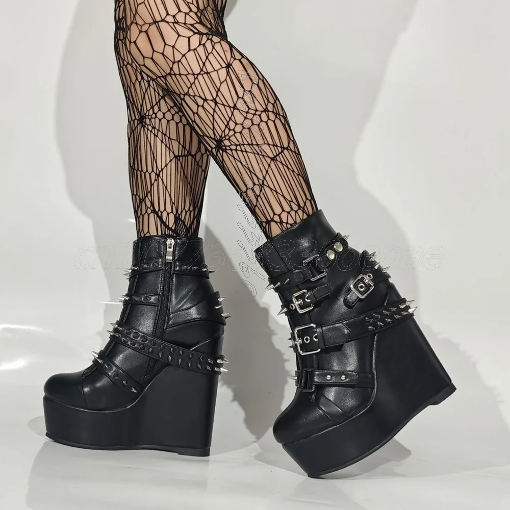 블랙 매트 앵클 부츠, 샤프 리벳 장식, 펑크 스타일 슬로프 힐, 패셔너블 여성 신발 2025, 여성용 신발