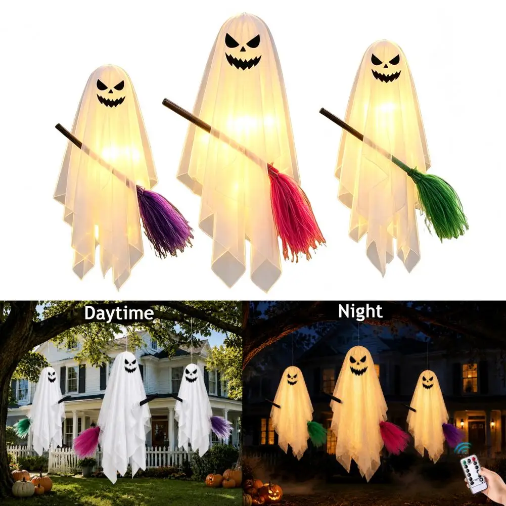 Halloween Garden Party Accents Halloween Hanging Ghost Decor with Remote Control Lights Flying Broomstick Ornaments Indoor