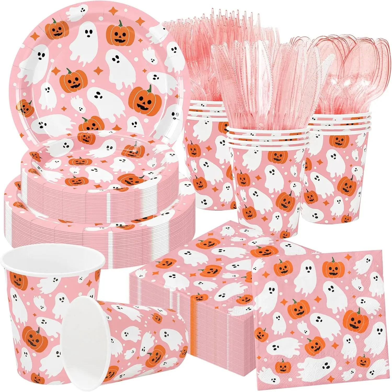 

Набор для вечеринки в виде тыквы на Хэллоуин: розовые бумажные тарелки, чашки, салфетки и столовые приборы для 25 гостей.