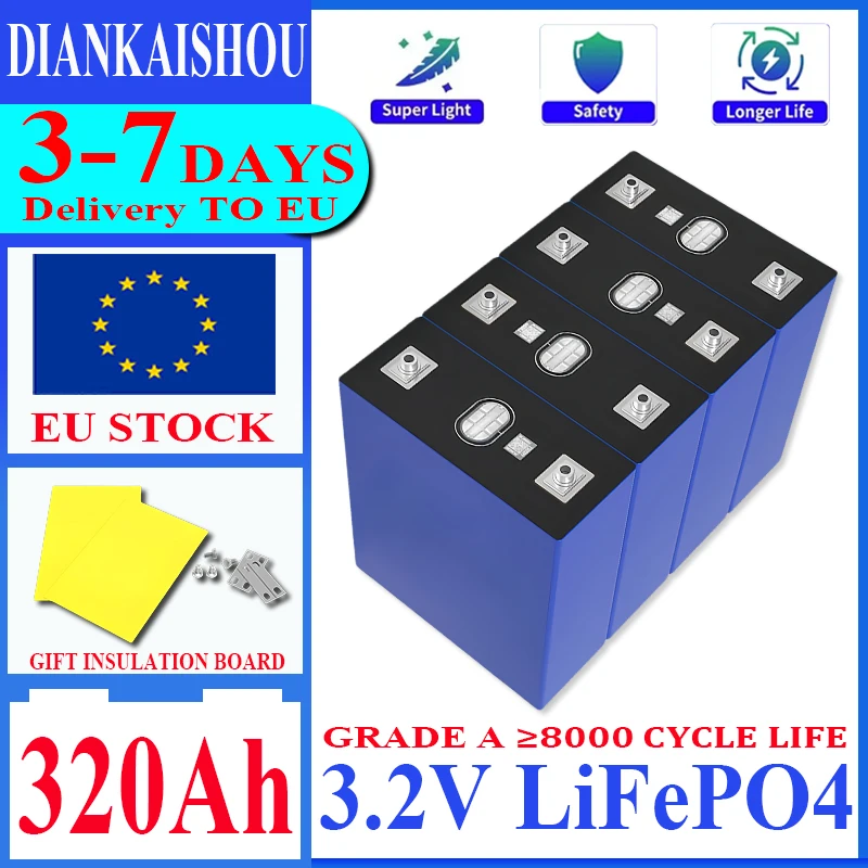 EU STOCK 3.2V 320AH Lifepo4 Battery DIY 12 V 24 V 48 V Lithium Iron Phosphate Cell for Camping EV RV Golf Shopping EU tax fre