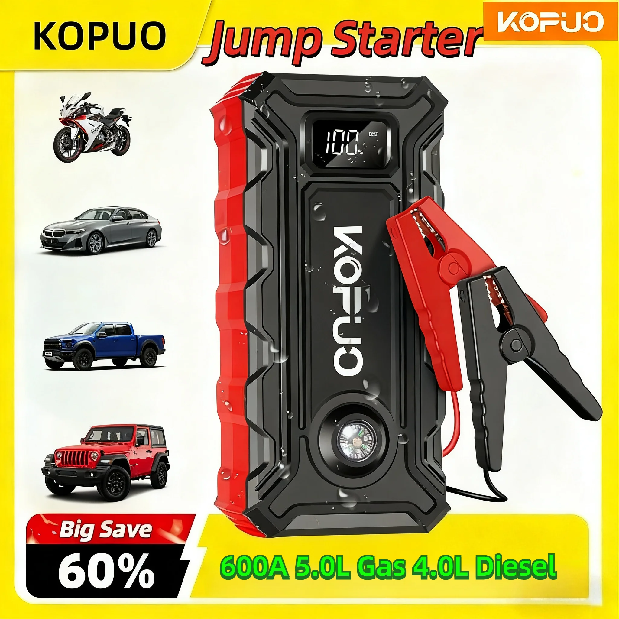 حار بيع هدية للسائق / صديقها / أبي! مشغل قفز للسيارة 600 أمبير مع شاشة LCD، بنك طاقة محمول 12 فولت لغاز 5.0 لتر/4 لتر ديزل