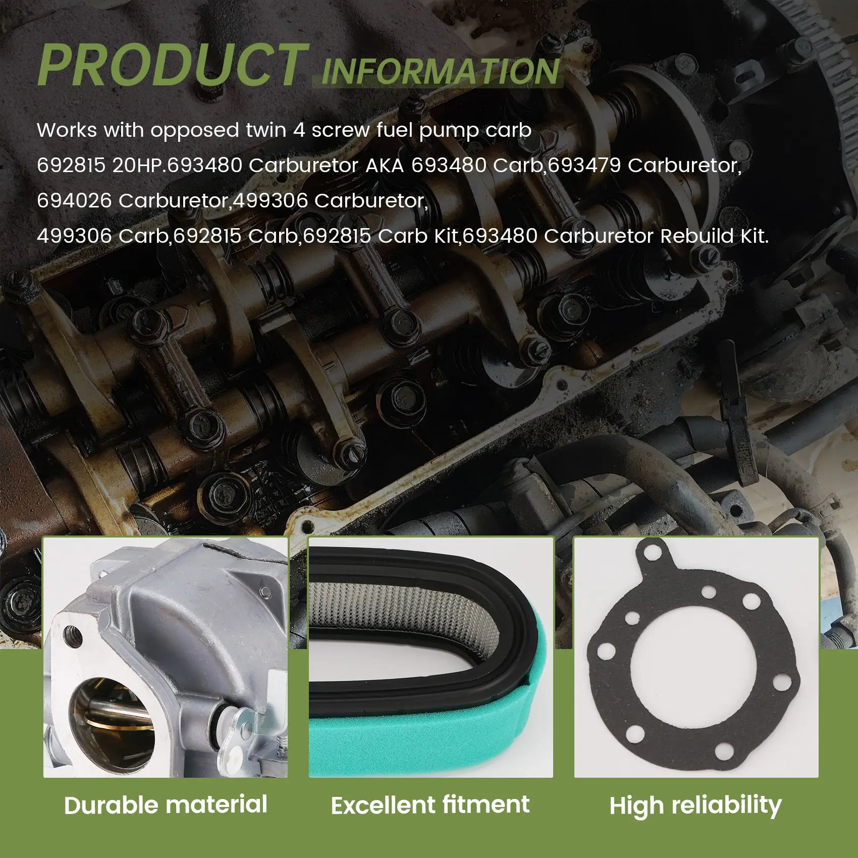 

Карбюратор для газонокосилки 693480, совместимый с Briggs & Stratton 693479 499306, с воздушным фильтром 394019S и топливным фильтром 394358S.