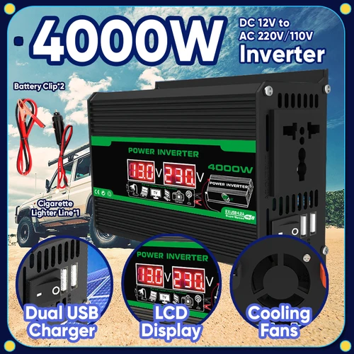 Imagen 1 del producto 4000W DC 12V a AC 110V 220V pantalla LCD USB Dual inversores solares banco de energía portátil convertidor de coche para Camping RV