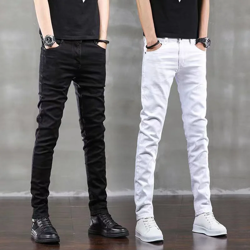 

Молодежные эластичные джинсы, мужские модные облегающие эластичные длинные брюки, корейские повседневные однотонные мужские модные прямые джинсы