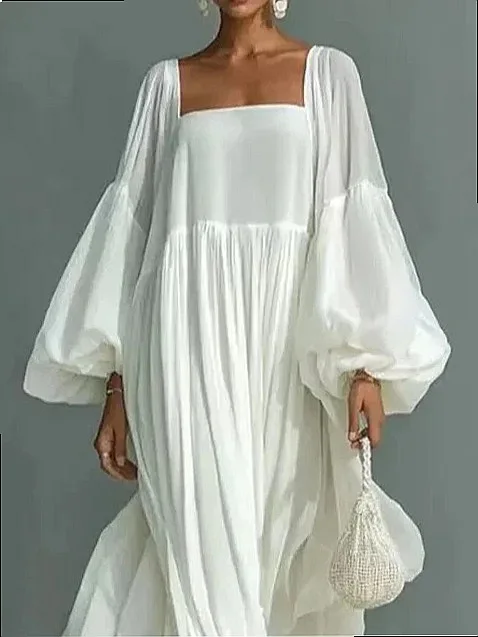 Women's Flowy Elegant Long Dress Square Neck Lantern Sleeve Loose Fit Slimming Dresses Spring Summer Vacation Matching Set view 5