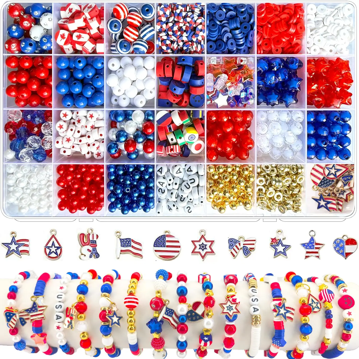 880+Pcs Red White & Blue Candy Beads Jewelry Making Kit, Patriotic Independence Day DIY Bracelet Supplies with Charms