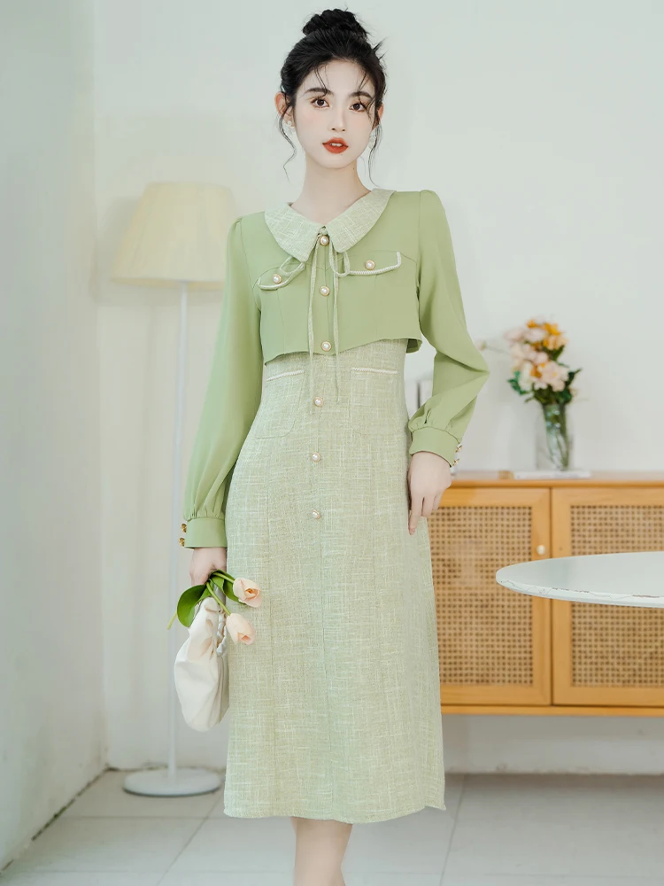 Elegant Office Lady Formal Dress Outfits Vintage Modern Style Light Green Empire A-Line Woman Midi Dresses Faldas Vestido Festa