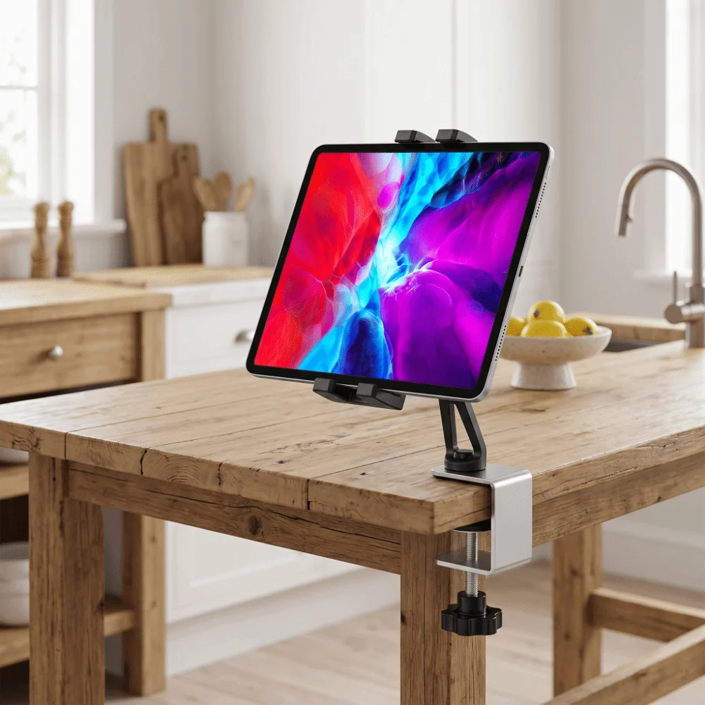 Universal Design Under Cabinet Holder Metal Clamp Adjustable Fit Tablet Mount Stand Desk Mount Simple Installation