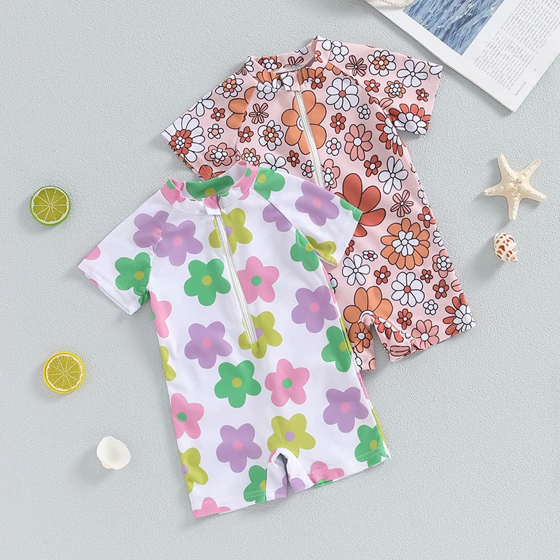 Baby Kid Girls Swimsuit Floral Print Short Sleeves Swimwear Girl Bathing Suit Newborn Baby Swimming Clothing