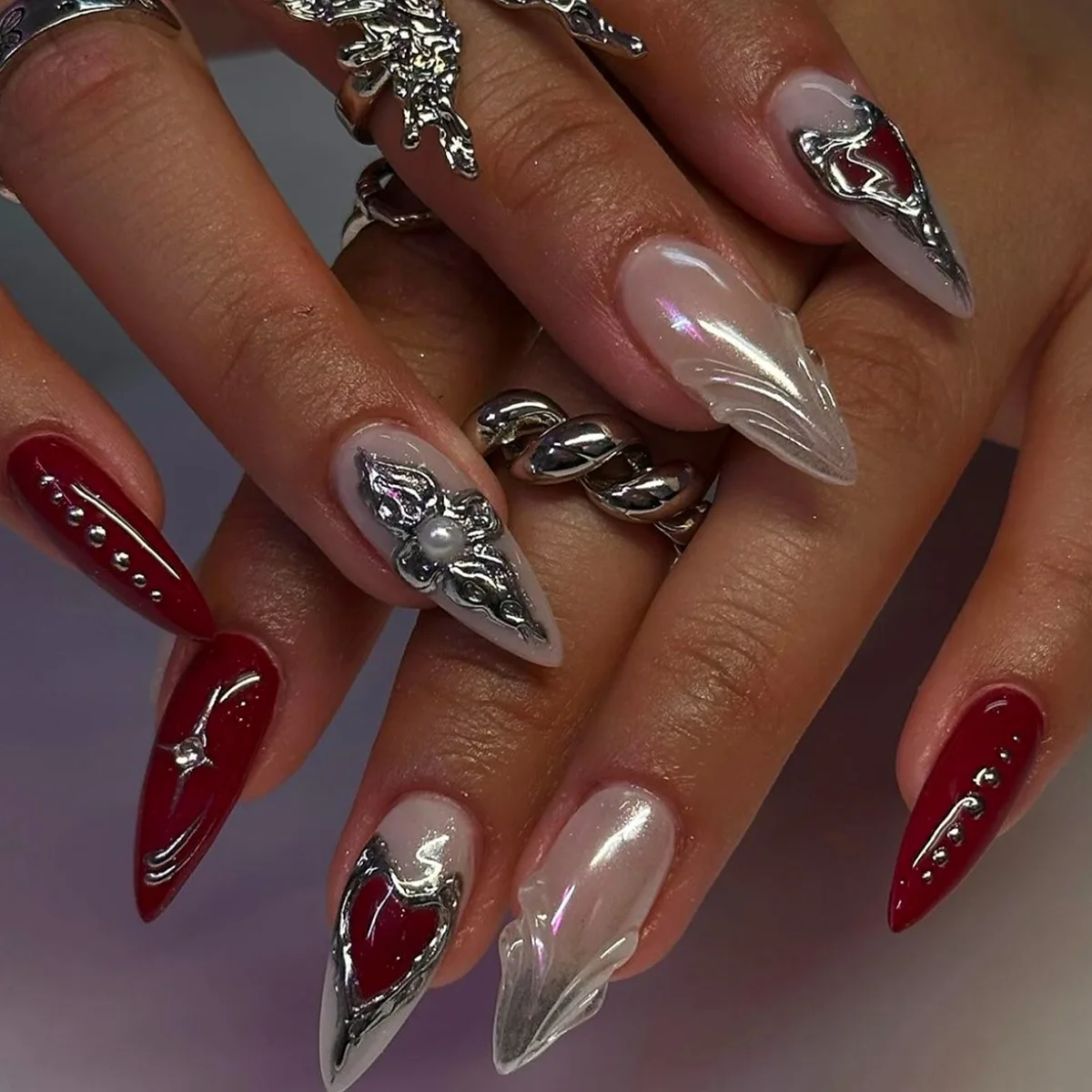 

24PCS Retro Red Almond Press on Nails Y2k Metallic Silver Heart Flowers with Pearl Decor French Fake Nails Spice Girls Wearable