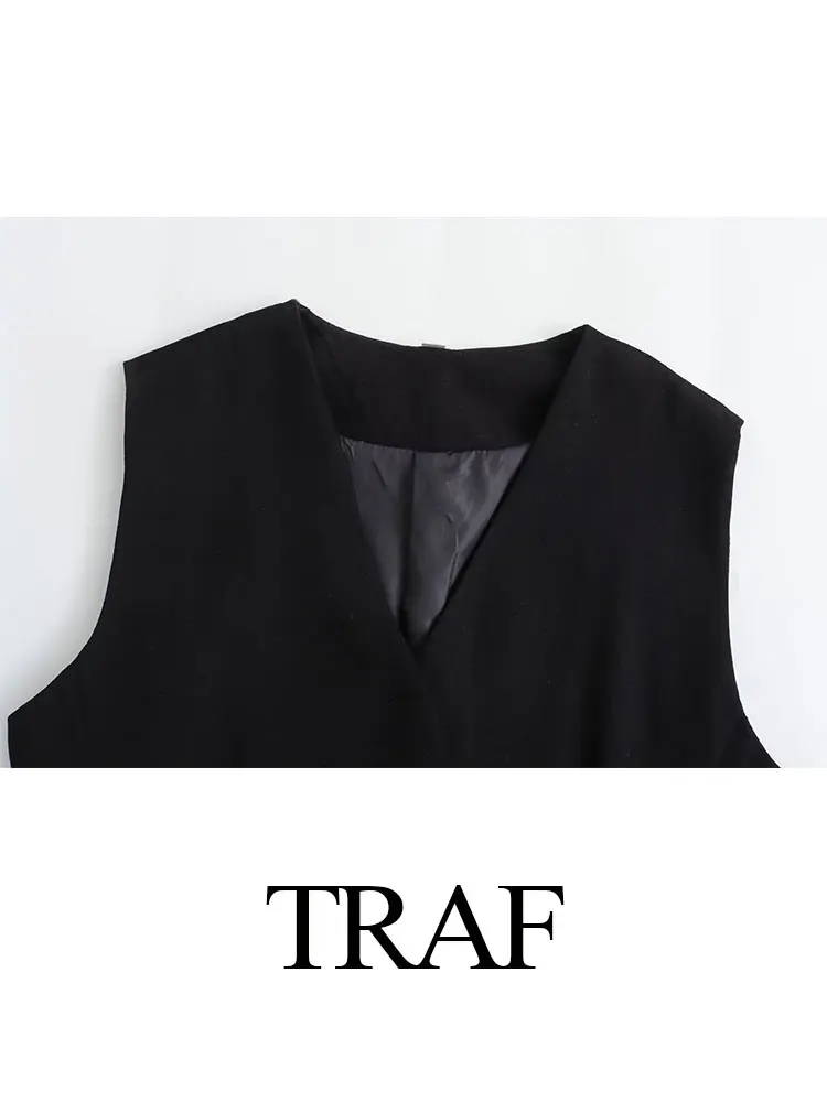 TRAF 2024 Spring Female Casual Sleeveless Waistcoat Elegant A-Line High Waist Mini Skirt Elegant 2 Piece Solid Black Chic Skirt