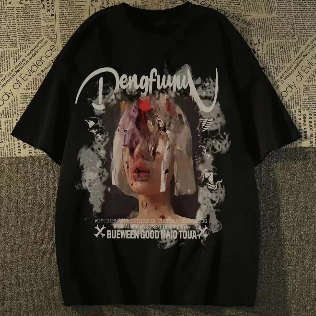 

New Trend Internet Celebrity Same Fashion Lazy Retro Character Print T-shirt Round Neck Men and Women Loose Short Sleeves