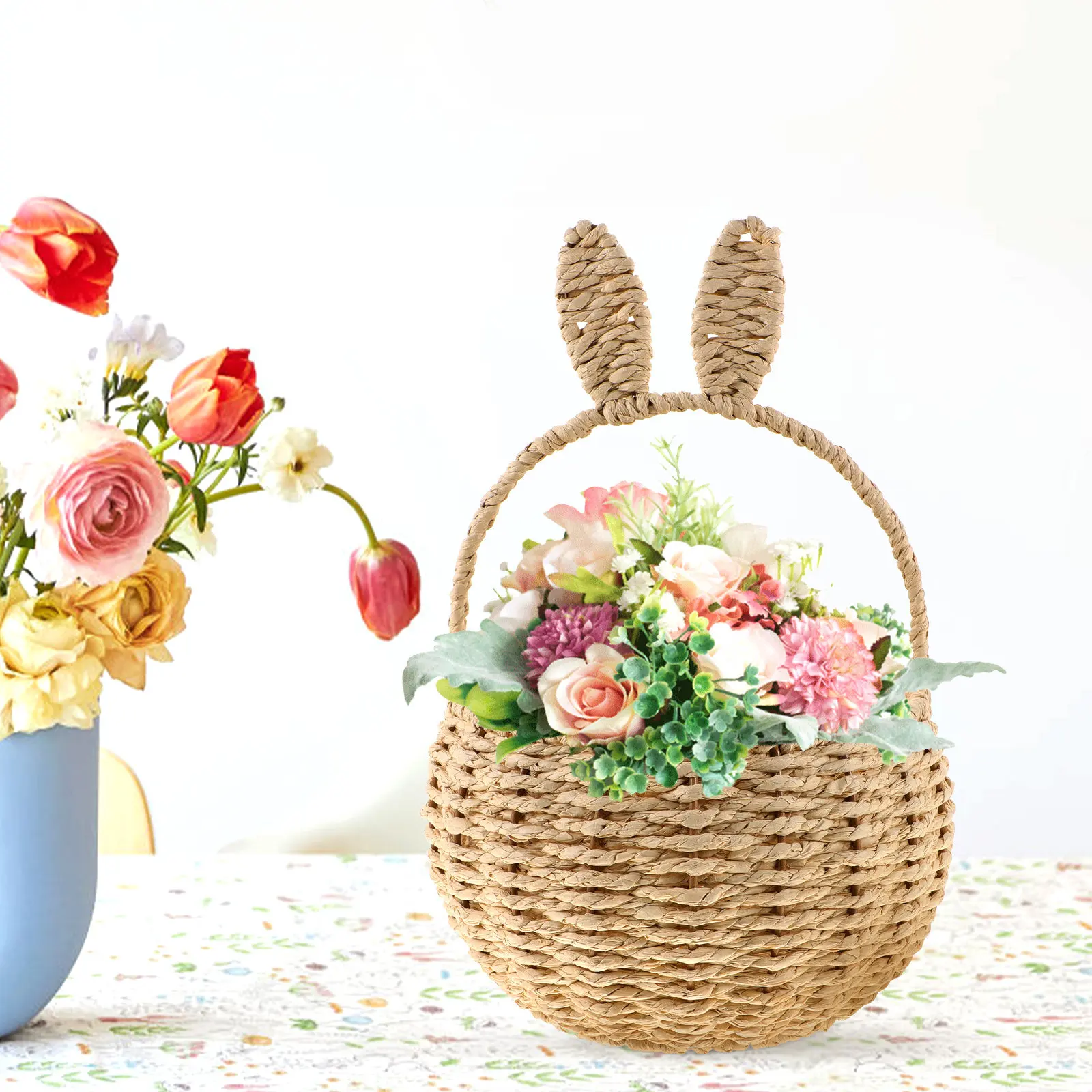 Rabbit Ear Hand Woven Storage Basket Natural Grass Woven Flower Basket for Home Decor Living Room Bedroom Kitchen Shelf view 5