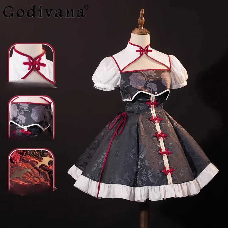 중국 스타일 코스프레 애니메이션 의상 정장 여성 머리 장식 액세서리 드레스 세트 여성 짧은 소매 캐주얼 드레스