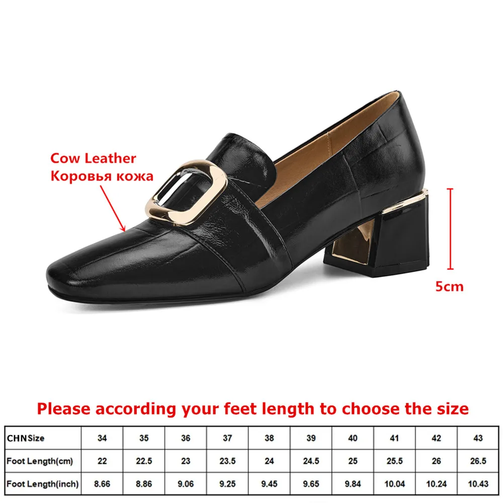MILI-MIYA Women's Leather Square-Toe Pumps With Metal Buckle And Chunky Heel Commuter-Friendly Minimalist Slip-On Casual Shoes