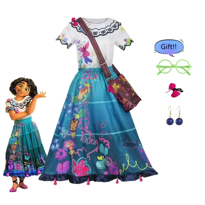 Encanto Dolores Madrigal Cosplay Kostüm Mirabel Cosplay Kleider Perücke Tasche Gläser Sets für Erwachsene Mädchen Halloween Karneval Party