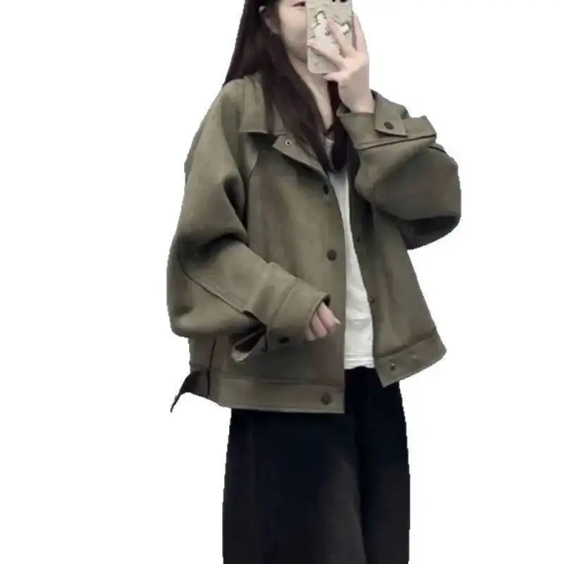 Lente Herfst Dames Motorjas Suède Bovenkleding Amerikaanse Stijl Werkkleding Ontwerp Opstaande Kraag Volledige Mouw Normaal Type