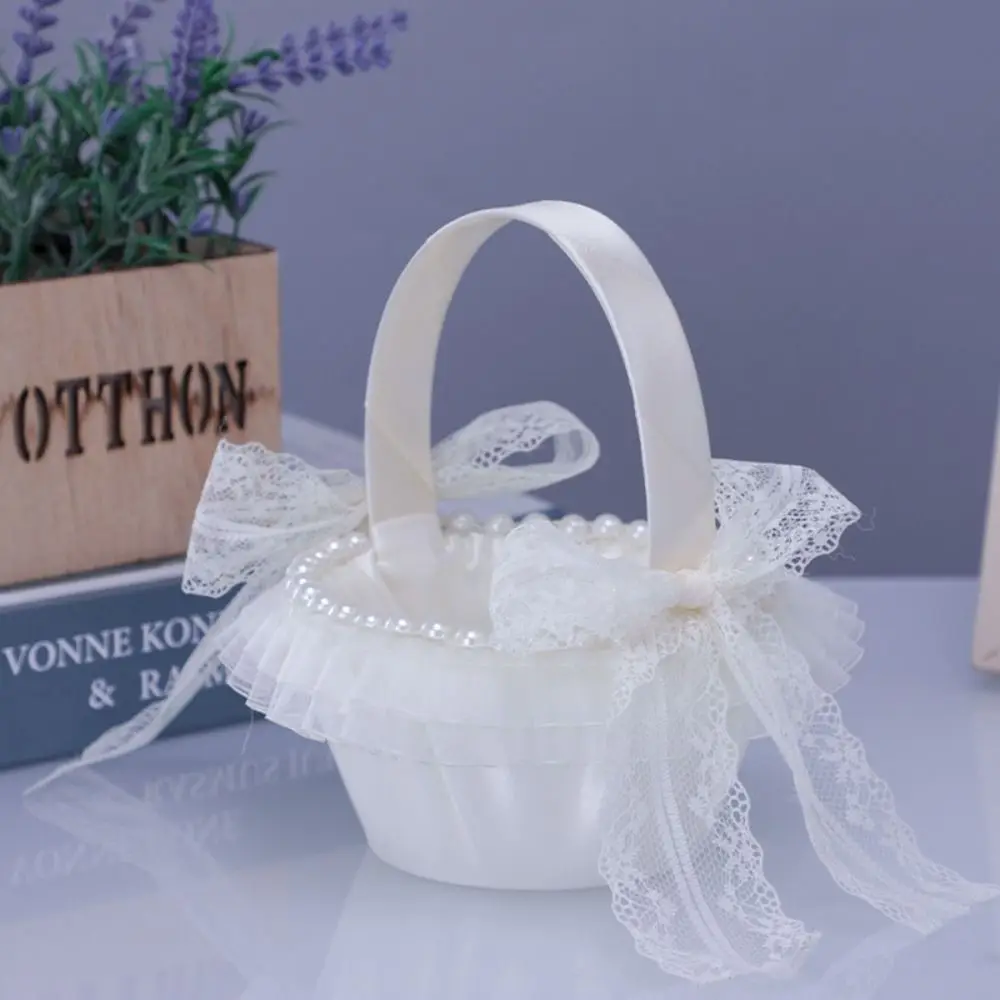 Spitze Hochzeit Blumenkorb Band Schleife Perlengriff Satin Schleife Hanbag Süßigkeiten Behälter Einkaufstasche Hochzeit Party Dekorationen