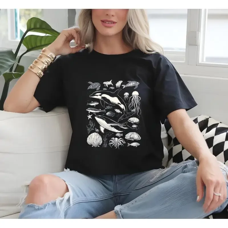 Ocean Animals T Shirt Hand Drawn Sea Life Illustration Whale Dolphin Turtle Octopus Nature Lover Marine