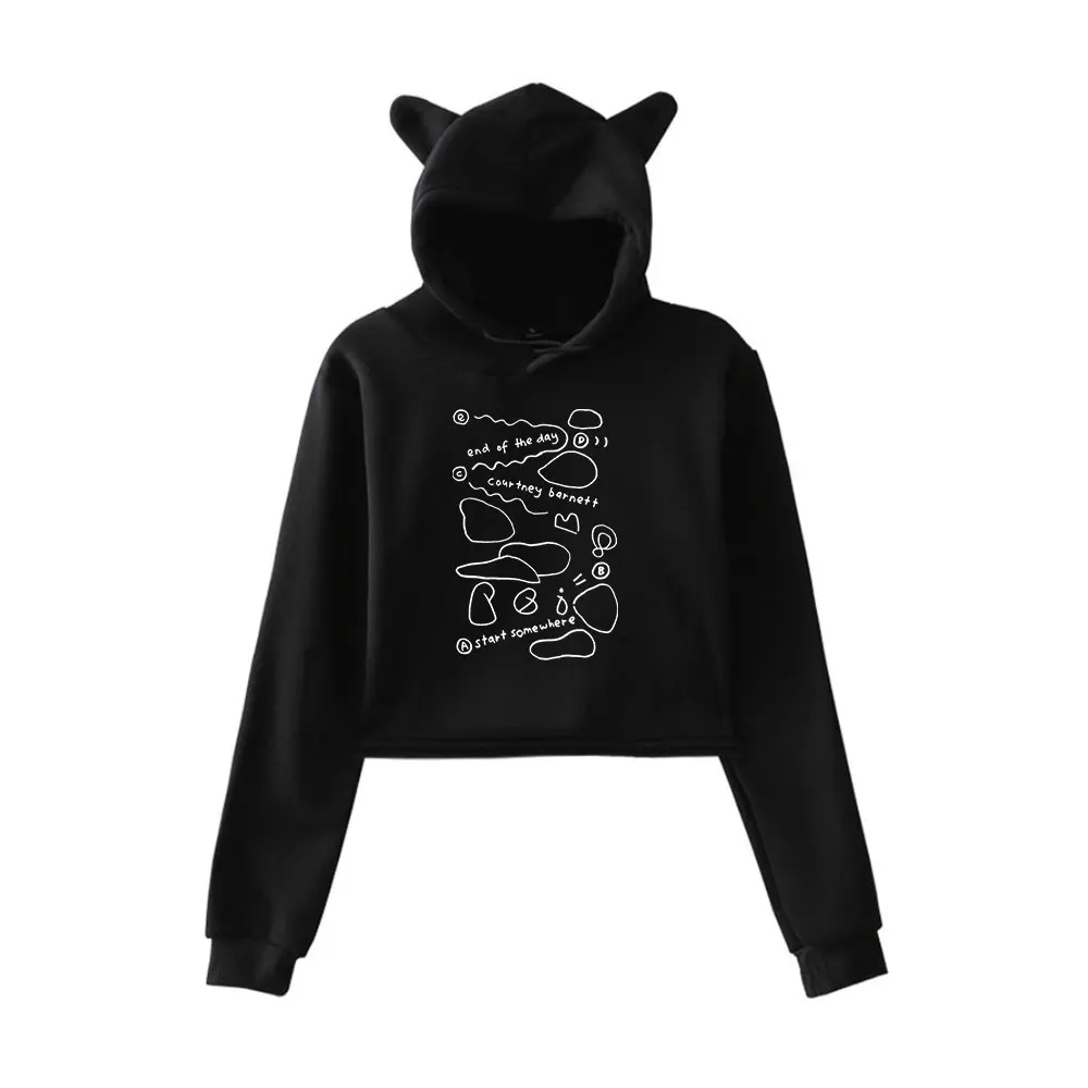 Courtney Barnett End of the Day Cat Ear Hoodie Women Long Sleeve Cropped Sweatshirts Female Casual Streetwear Crop Tops