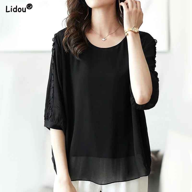 

Solid Thin Summer Korean Loose T-Shirts Elegant Fashion Casual Pullovers Simplicity Short Sleeve Patchwork Women's Clothing 2023