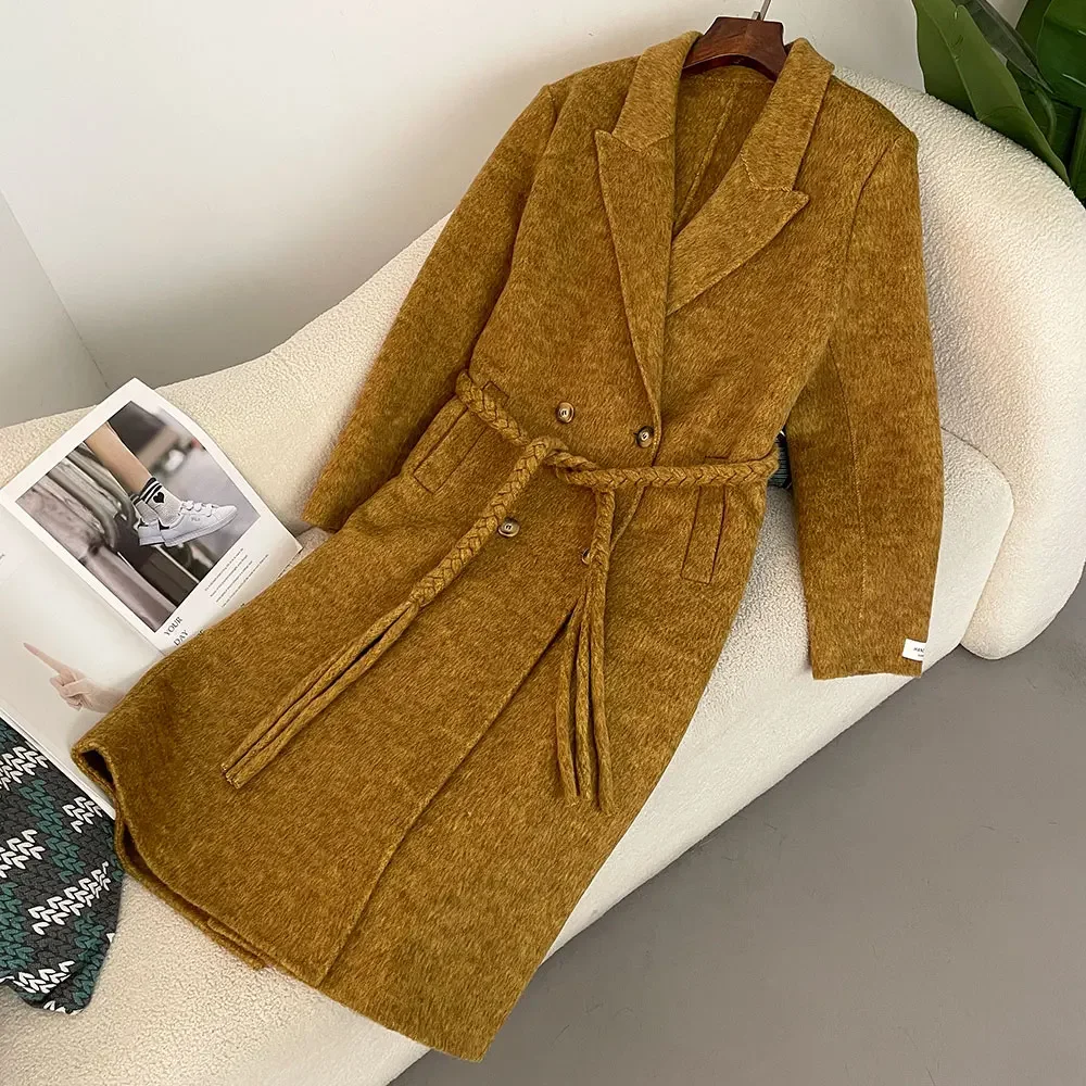 

OFTBUY модное двустороннее шерстяное пальто с отложным воротником, женская шерстяная свободная длинная куртка 2024, шерстяной тканый пояс, женская зимняя элегантная куртка