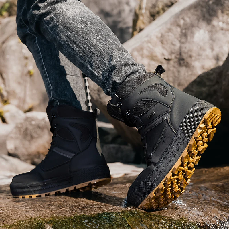 

High-top Boots Men Shoes Outdoor Anti-slip Lace-up Solid Color Combat Boots Men Comfortable Breathable Casual Hiking Shoes Men