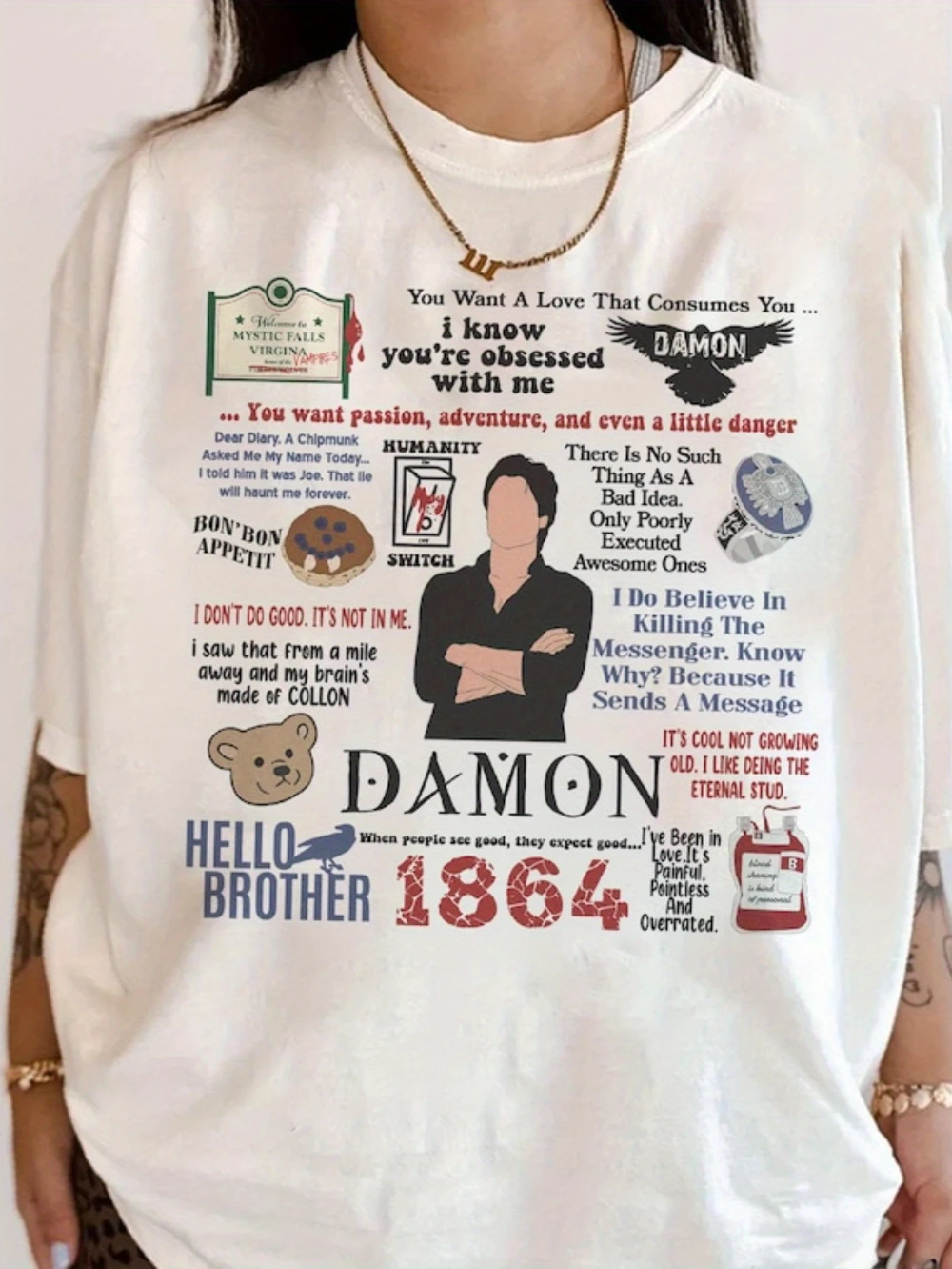 Camiseta de referencia The Vampire Diaries Damon Salvador TVD Vampire Diaries - Camiseta gráfica del equipo Damon Camiseta unisex de algodón puro