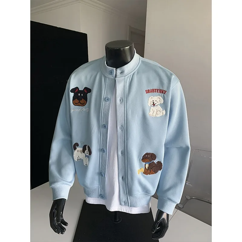 Men Cartoon Dog Embroidery Baseball Jacket Stand Collar Button‑Up Loose Casual Sweatshirt Cardigan Streetwear Male Outer Coat