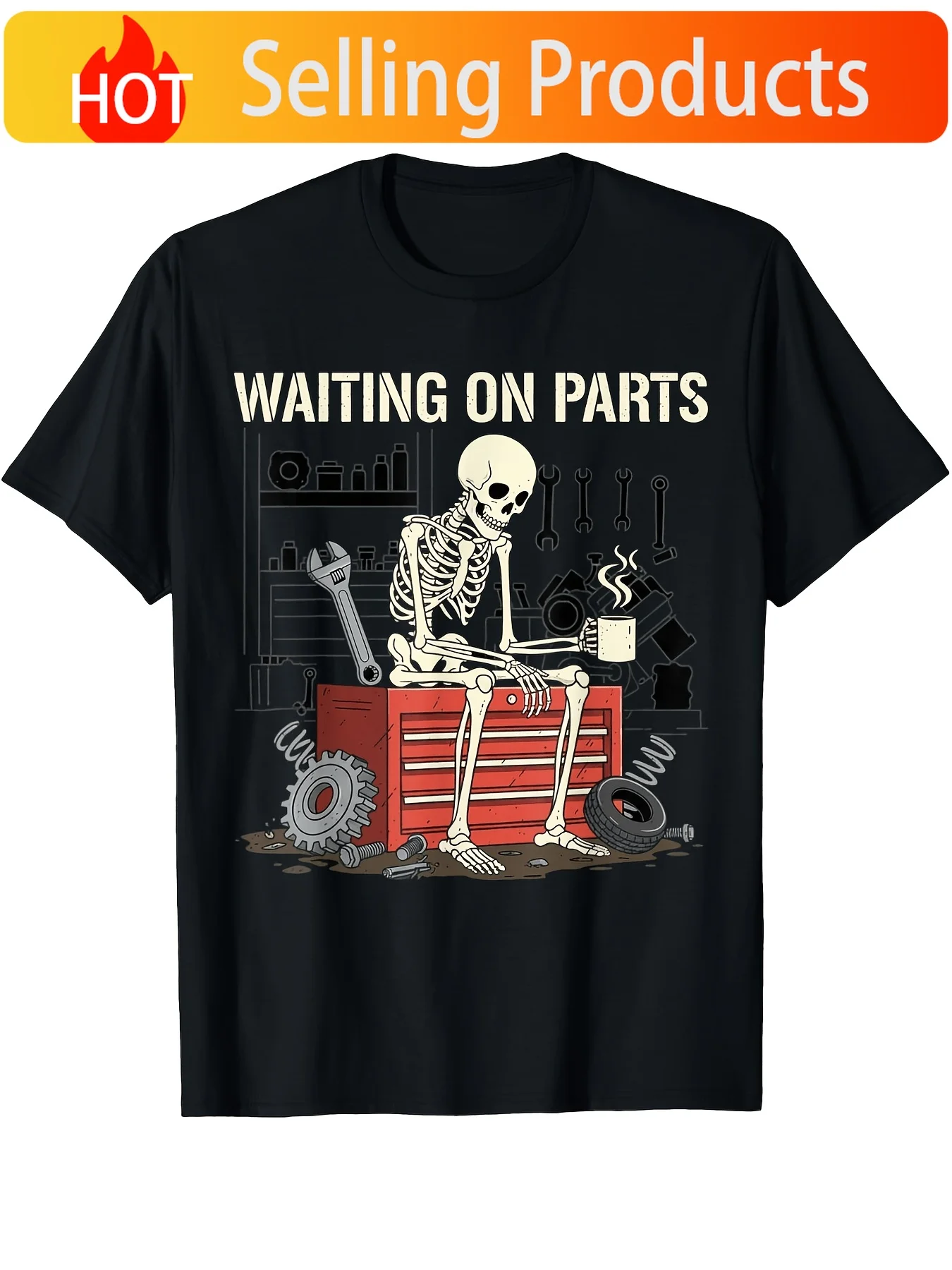 Waiting On Parts Funny Skeleton Auto Mechanic Technician TShirt for Men Women Couple Trendy Tops Short Sleeve Street Style Comfo