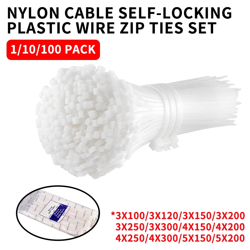 

Pack of 1000/250Pcs White Nylon Cable Self-locking Wire Zip Ties Set Kit 3*100 3*150 4*200 Industrial Supply Fasteners Cable