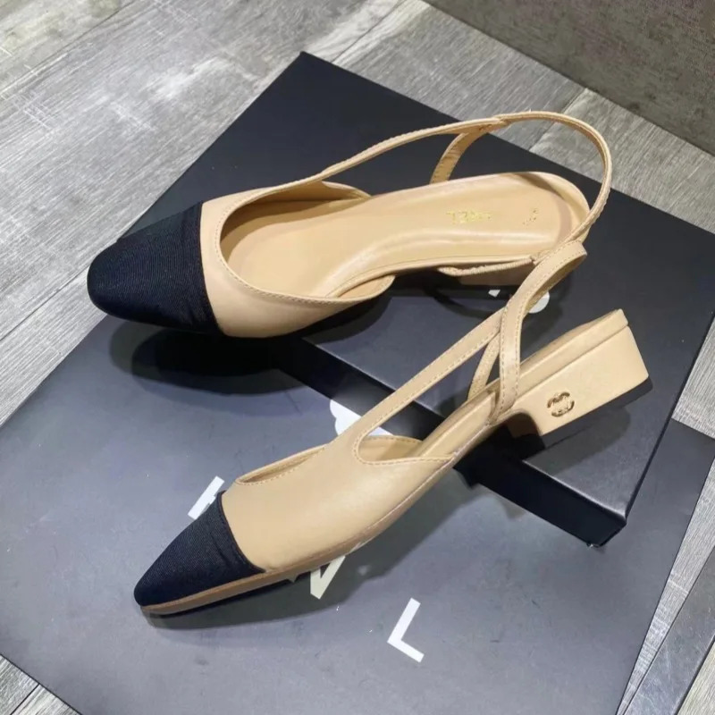 High version summer small fragrant style thick heeled sandals for women with back strap square toe color blocking middle heel an