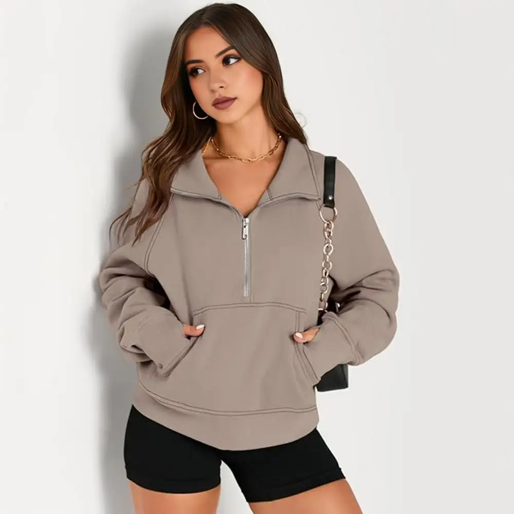 Cozy Long Sleeve Pullover Cozy Half Zipper Sweatshirt with Big Pocket Turn-down Collar for Fall Winter Loose Fit Sport for Wear