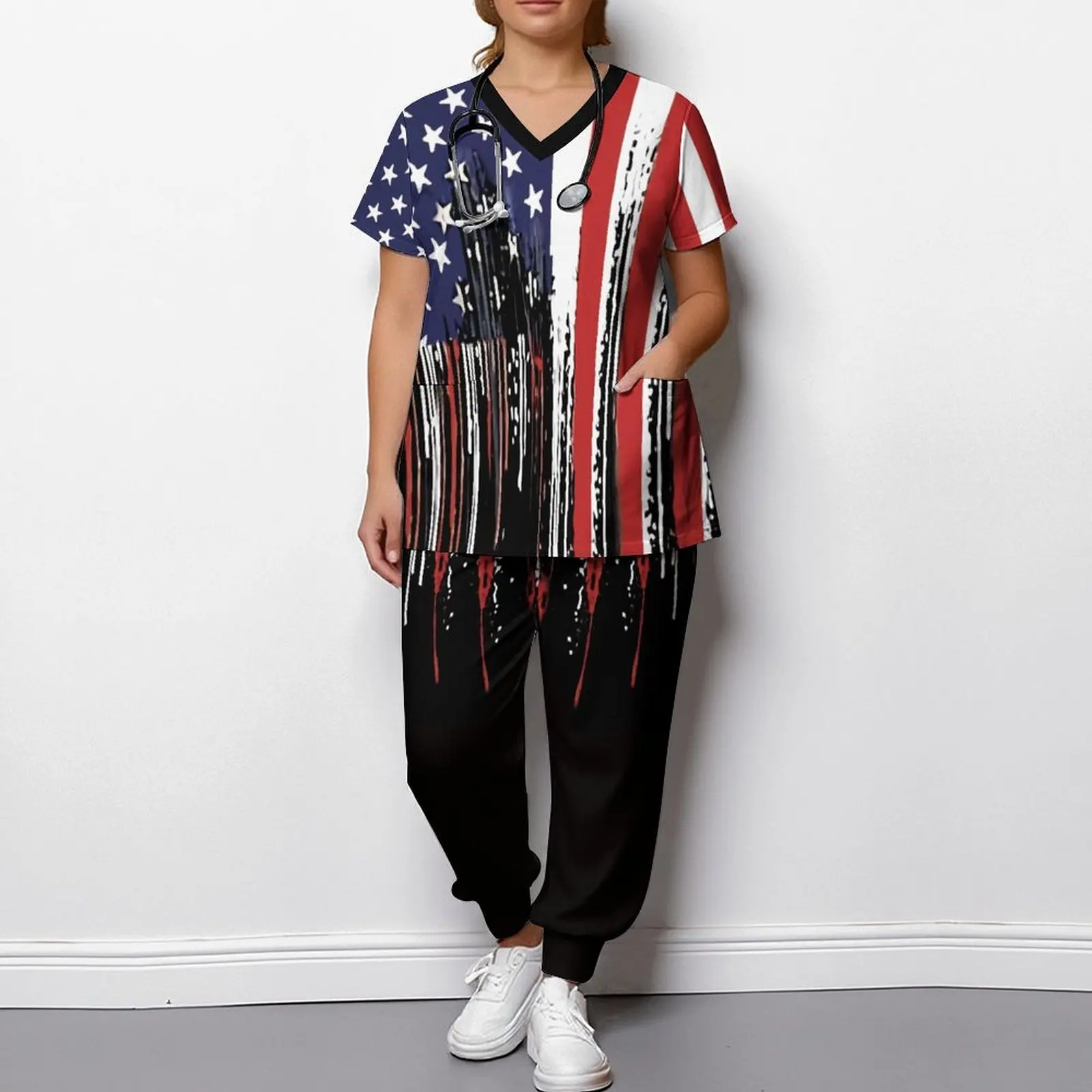 Plus Size Fashion Print Two Piece Set for Women Exercise V-Neck T-shirt Casual Commuting Jogging Pants