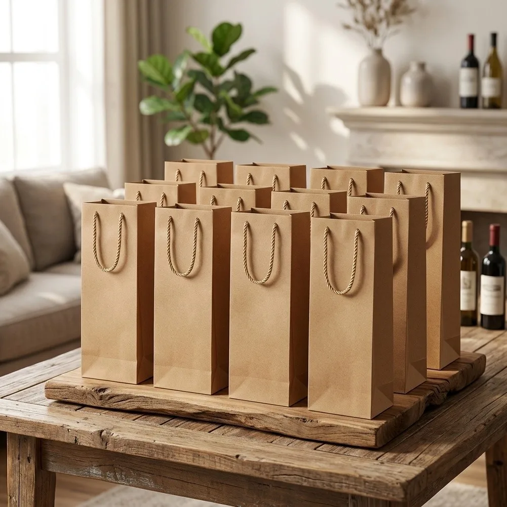 12Pcs Brown Cowhide Paper Wine Bottle Bags 35cm Reusable Packaging With Twisted Handles For Wedding Birthday Party Decor