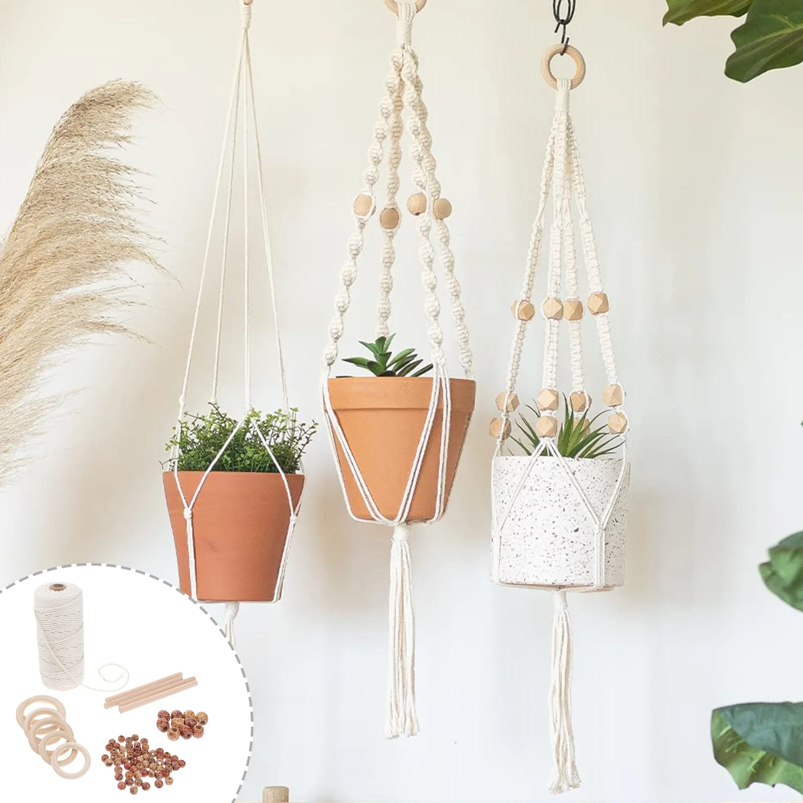 

1Set DIY Flower Pot Holder Kit Easy Operate Wooden Rod Circle Long Rope Macrame Tapestry Kit DIY Wall Plant Holder Bohemian