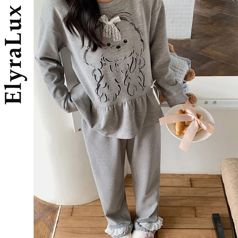

ElyraLux Autumn Women's Pajama Sleepwear for Woman Loose Comfortable Home Clothes Set Long Sleeve Outwear New Arrive