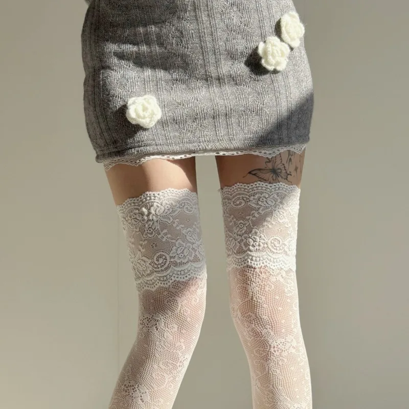 

Fashio Retro Floral Fishnet Over The Knee Socks Jacquard Elegant Girl Sexy Lace Trim Thigh High Socks Stockings for Women"