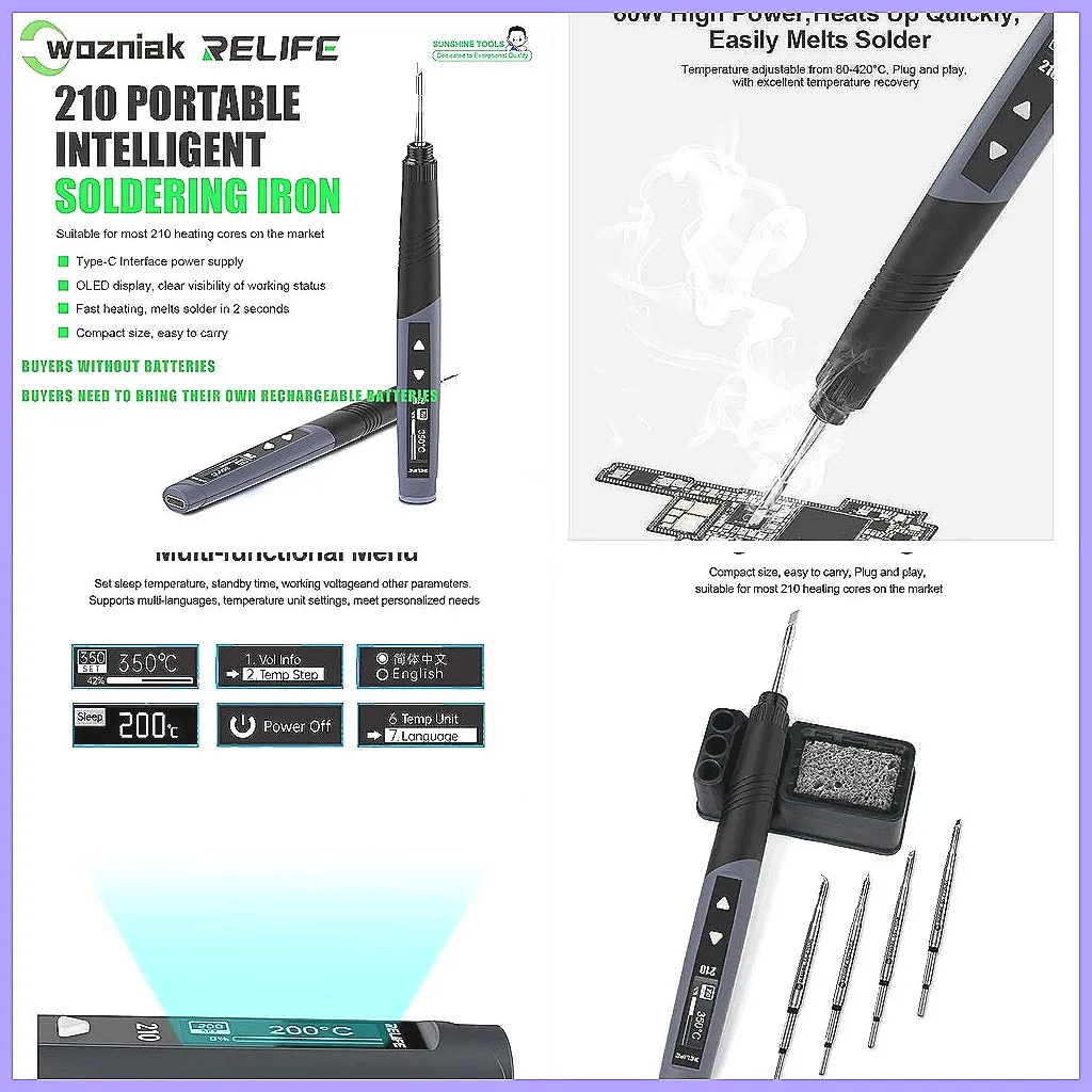 RELIFE 210 60W Fast Heating Portable Soldering Iron, C210-K Tips for PCB Repair & DIY Projects