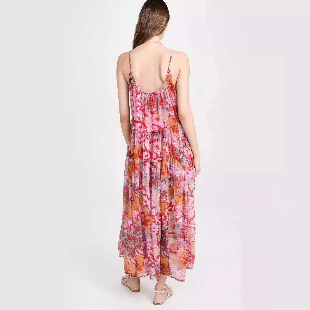 Women Spring Summer New Chiffon Flower Printing Sleeveless Long Loose Dress Casual Holiday Dress