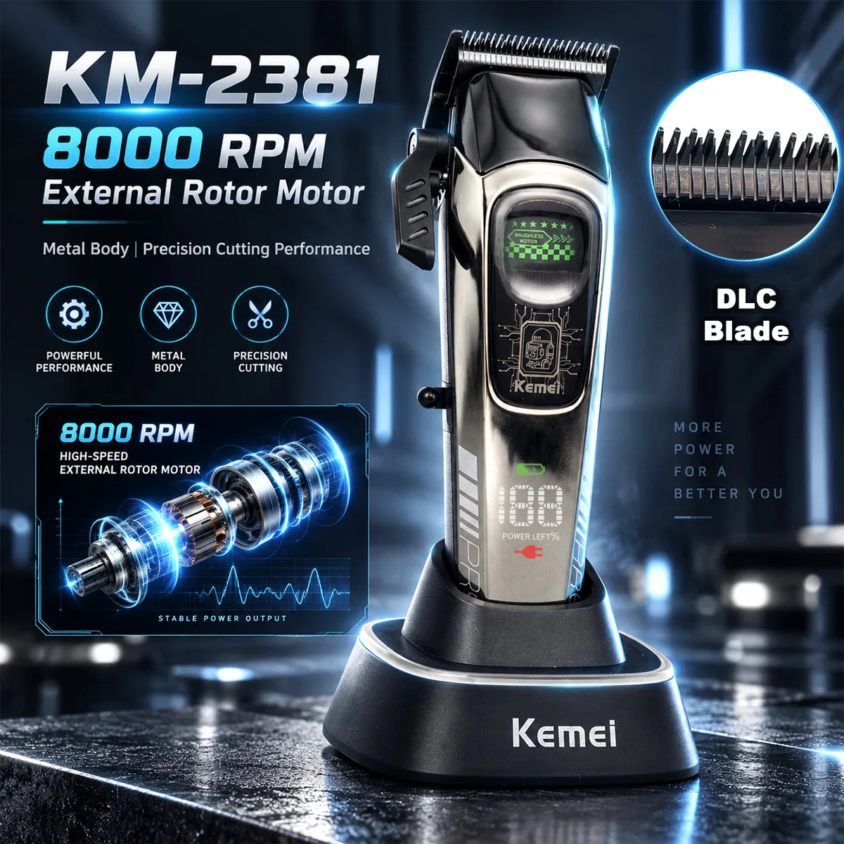 Kemei KM-2381 Professional Trimmer Super Quite Rechargeable Hair Clippers External Rotor 8000RPM LCD Adjustable Trimmer for Man