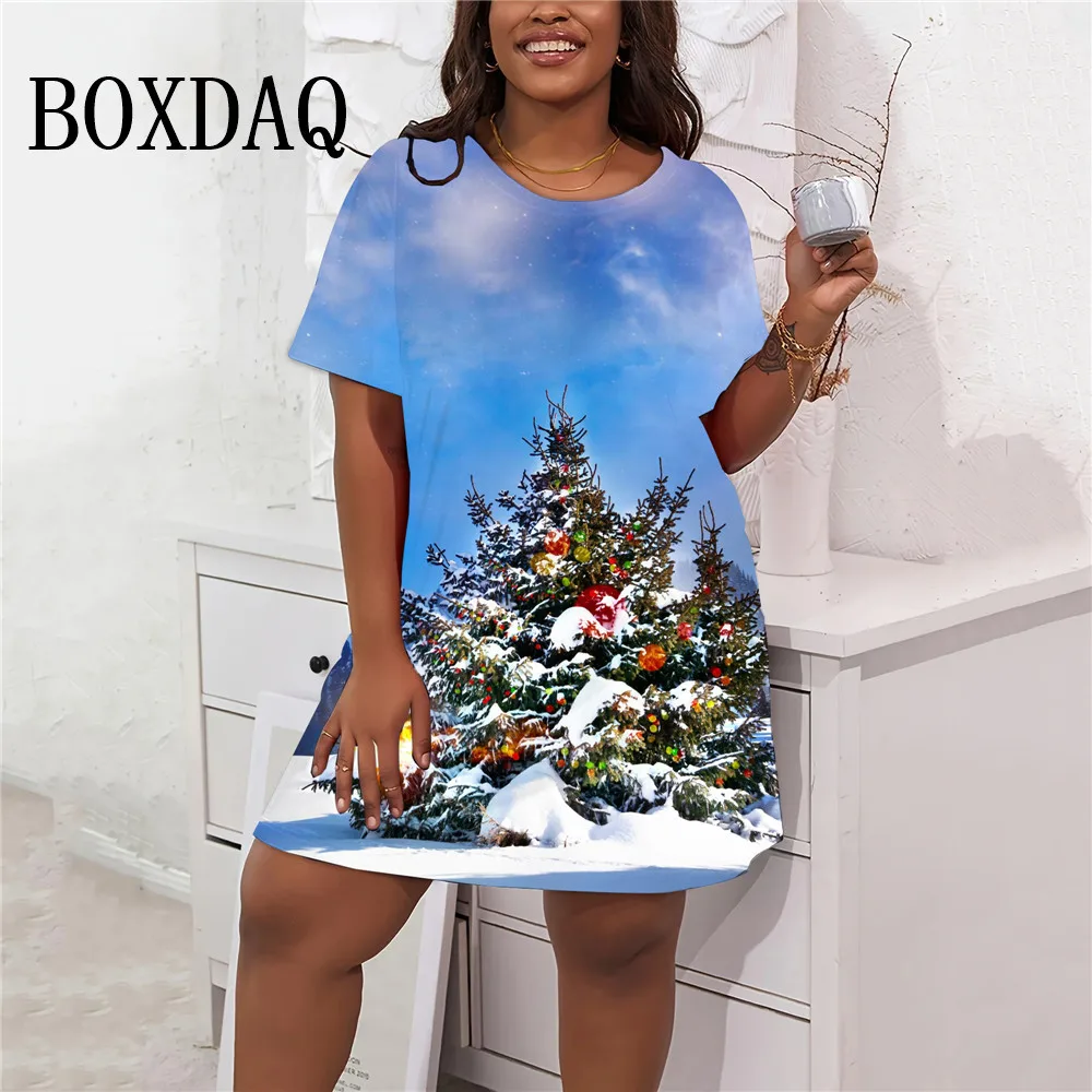 Christmas Tree Print Dress Women Casual O-Neck Short Sleeve A-Line Dress Winter Fashion Plus Size Loose Mini Dress 9XL Clothing