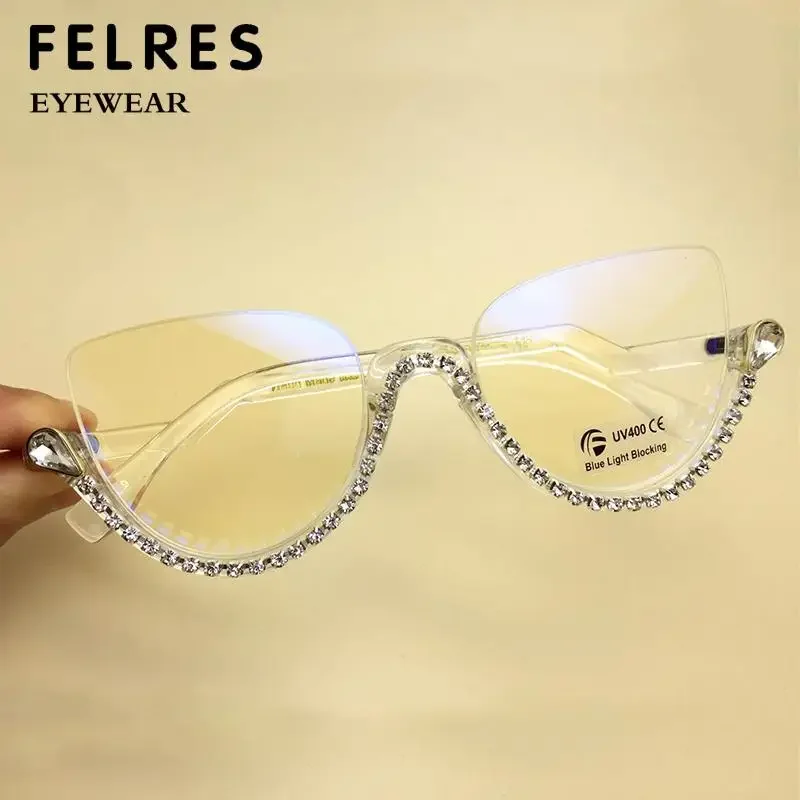 Personality Rhinestone Oval Reading Glasses Ladies Fashion Computer Filter Blue Light Blocking Glasses Half Frame Eyeglasses